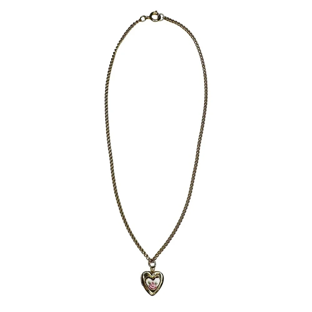 VINTAGE Child's Enamel Rose Inlay Locket • gold tone, white, pink